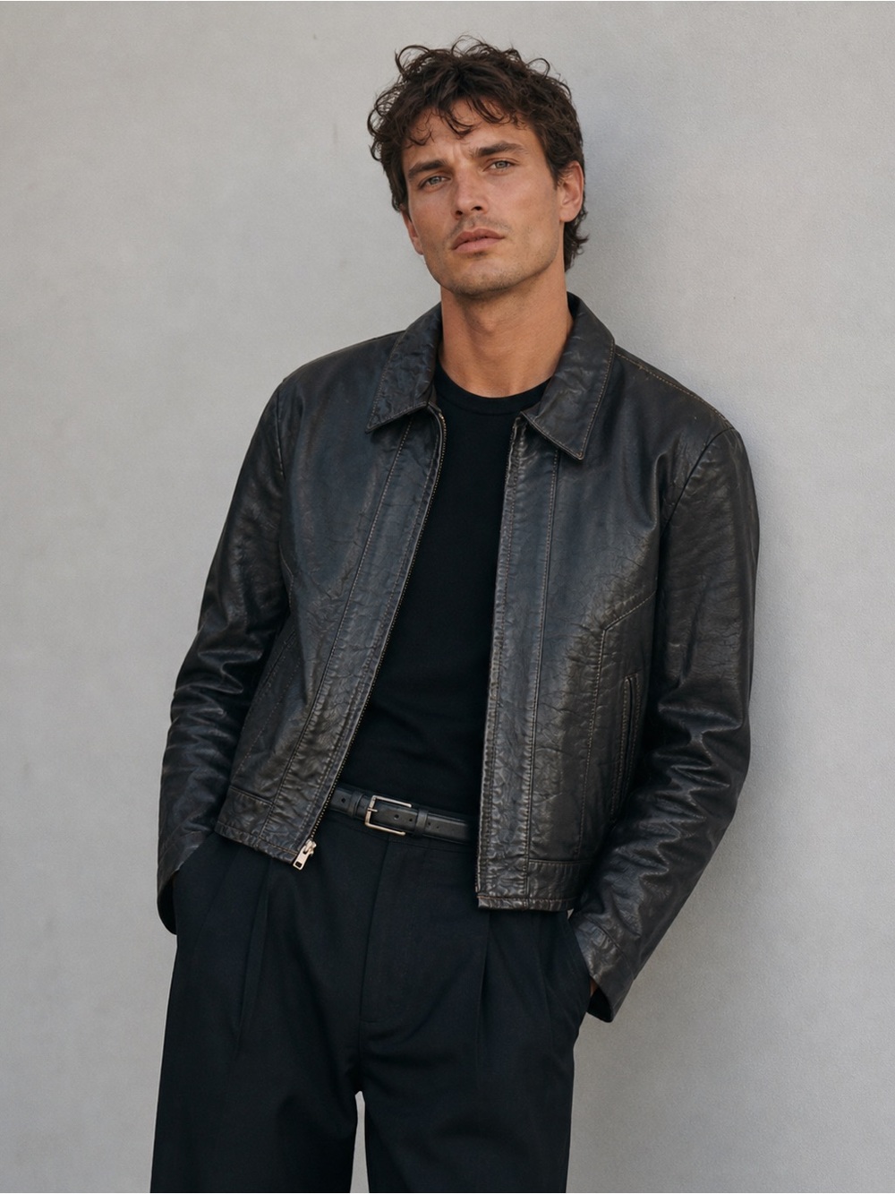 Vintage Sears The Leather Shop Black Leather Jacket Sherpa Lined Sz 44R Zip Moto